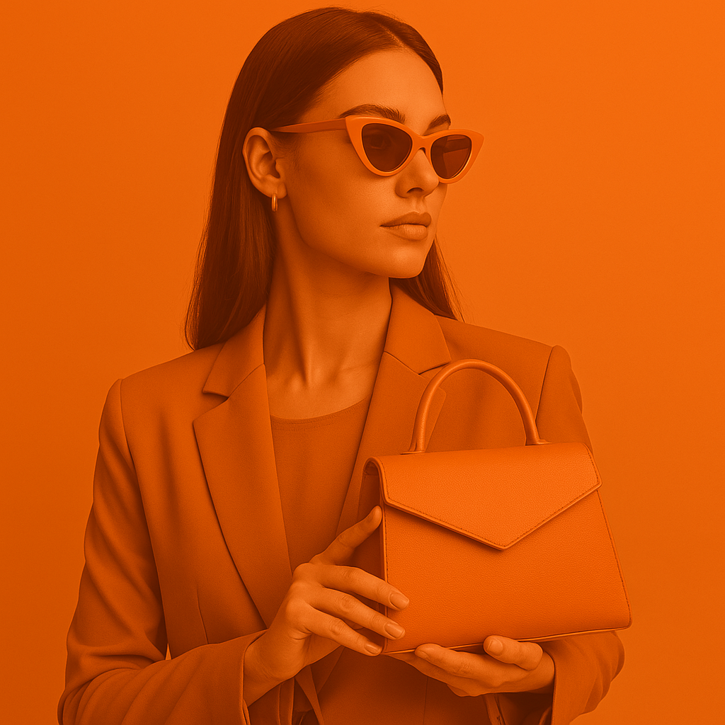 A fashionable woman in sunglasses holding a designer handbag, dressed in sleek, modern attire. The entire image is filtered in bold orange tones with a clean, minimal studio background, styled for a trendy eCommerce or TikTok-inspired article cover.