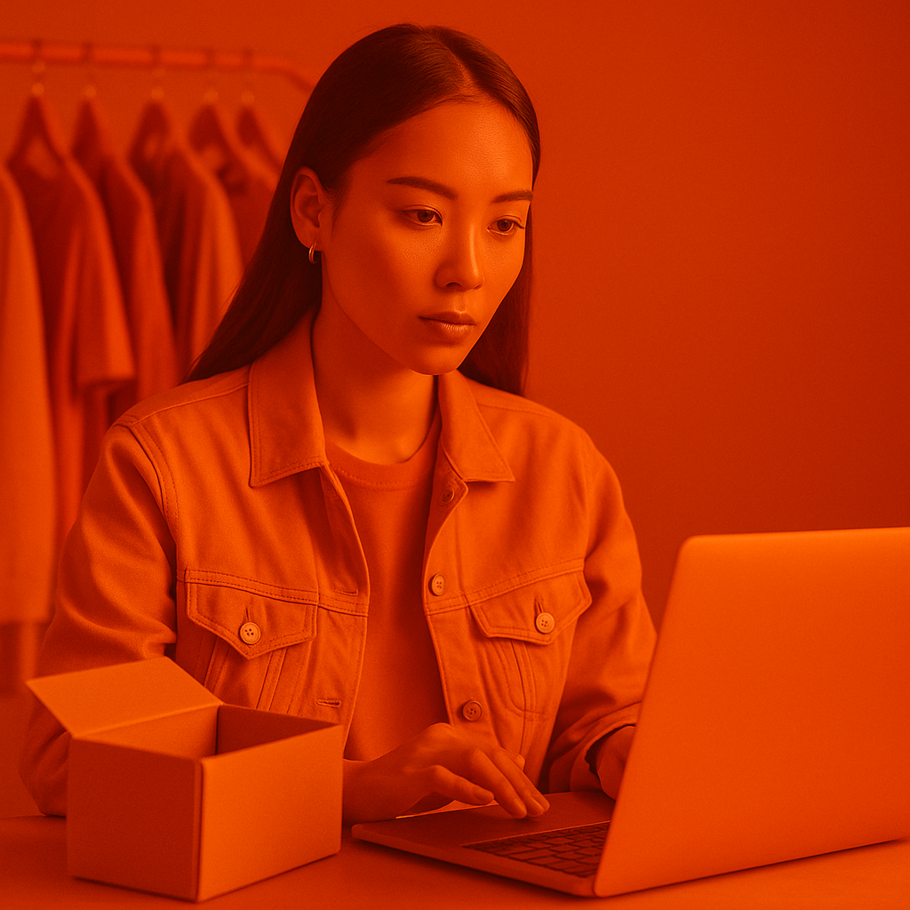 A stylish young Asian woman working on a laptop with shopping bags nearby, bathed in trendy orange and pink TikTok-style lighting, in a modern and fashionable setting.