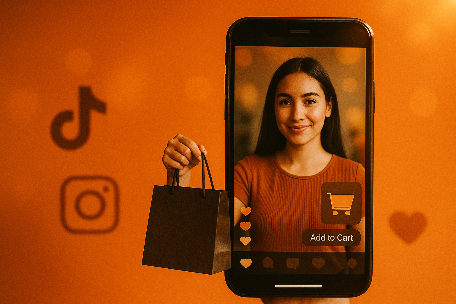 Person holding a shopping bag appears through a phone screen with social media icons and an "Add to Cart" button.