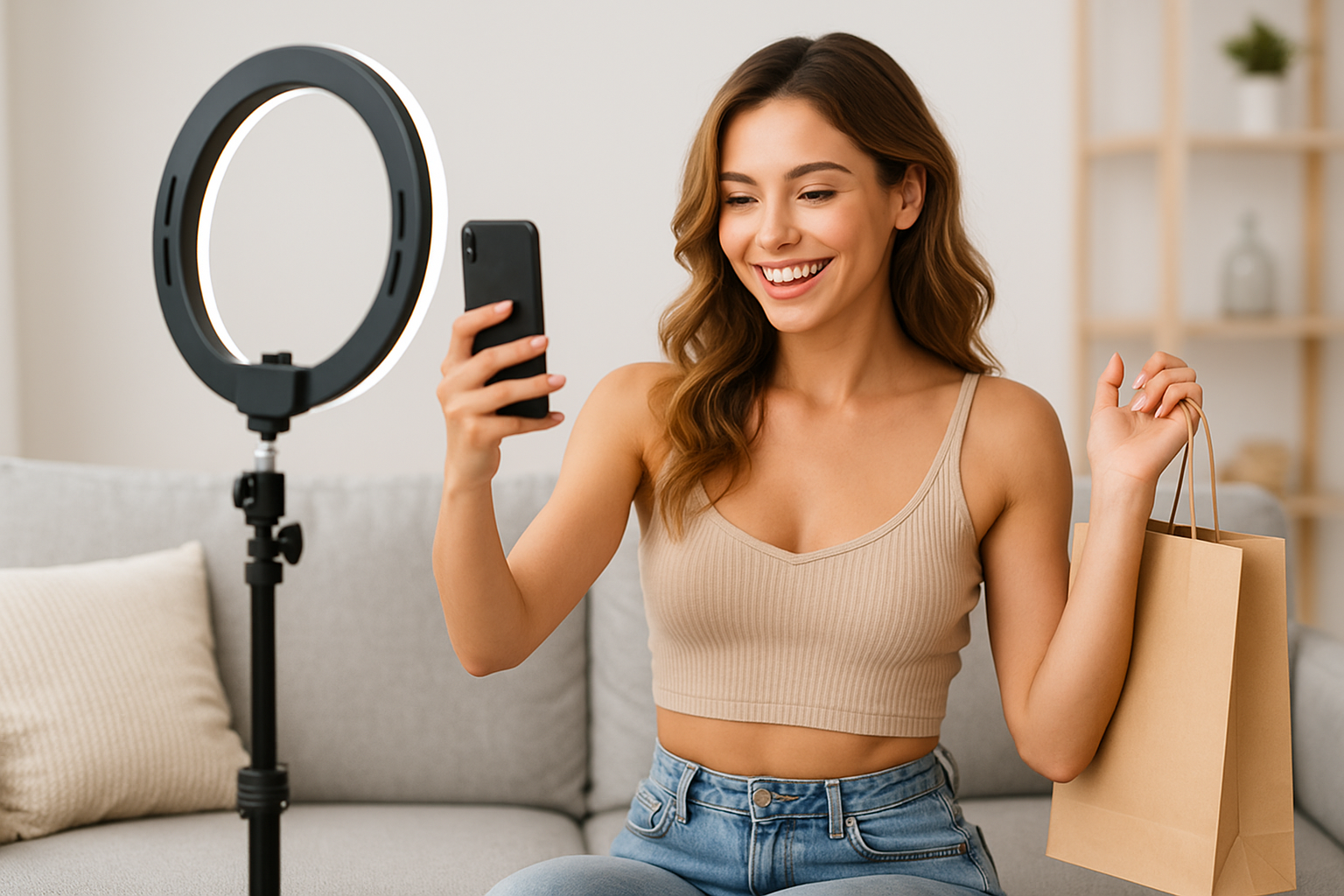 A young woman sits on a sofa under a ring light, smiling at her smartphone while holding a shopping bag, with a light orange filter suggesting a livestream shopping scene.