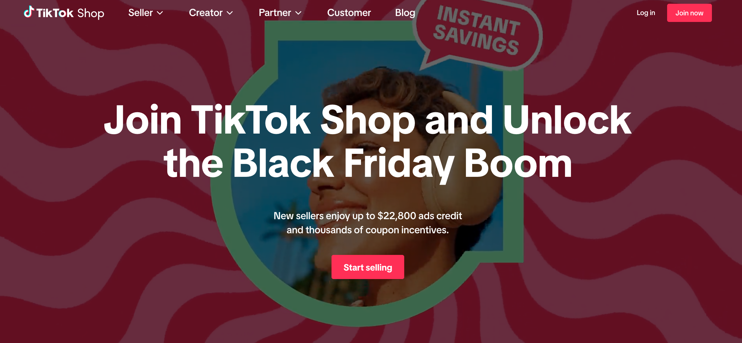 Screenshot of a TikTok Shop promotional banner inviting new sellers to join the platform, highlighting Black Friday incentives and showcasing TikTok Shop as a fast-growing e-commerce channel.