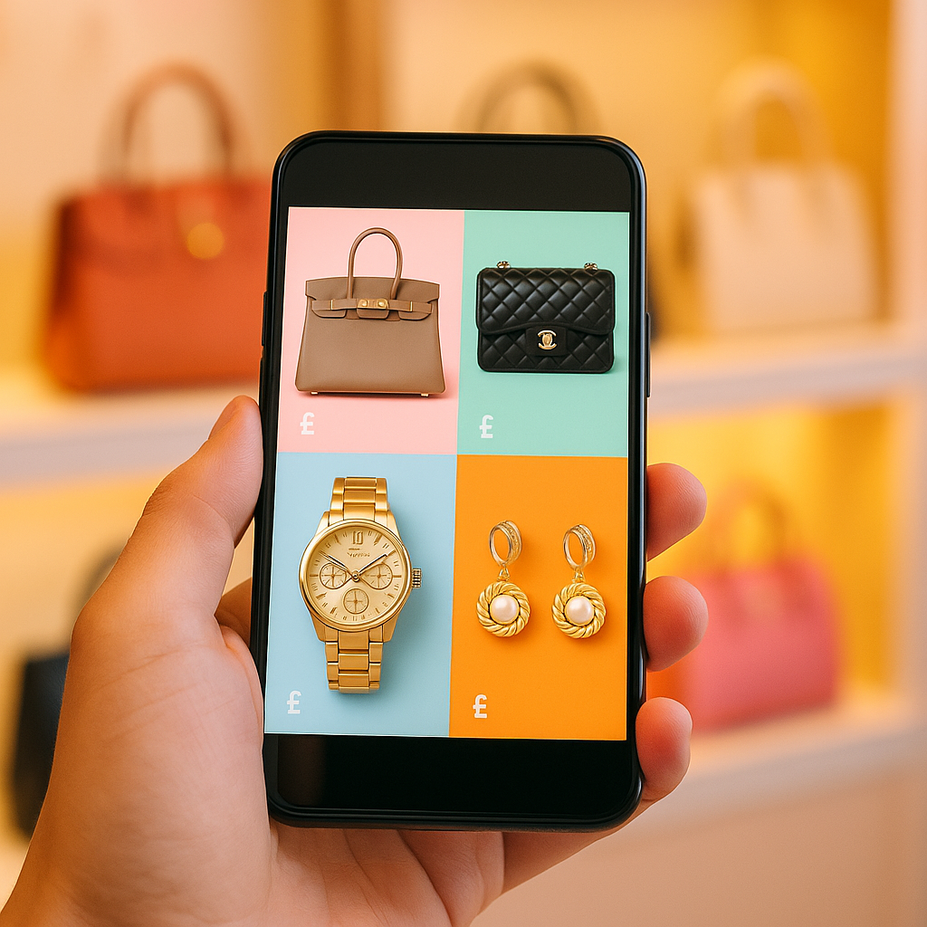 Hand holding a smartphone displaying luxury items such as handbags, a gold watch and earrings in a colourful shopping grid, representing mobile discovery of authenticated pre-owned luxury goods on TikTok Shop.