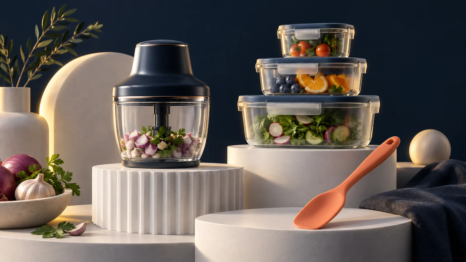 Sculptural kitchen gadgets and translucent storage containers on navy and white plinths