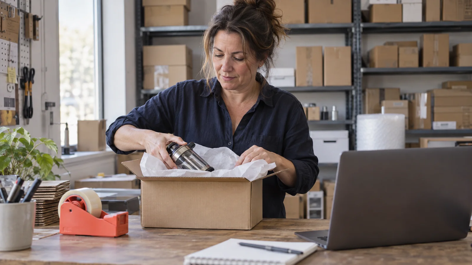 Independent seller carefully packing a kitchen gadget at a studio workbench