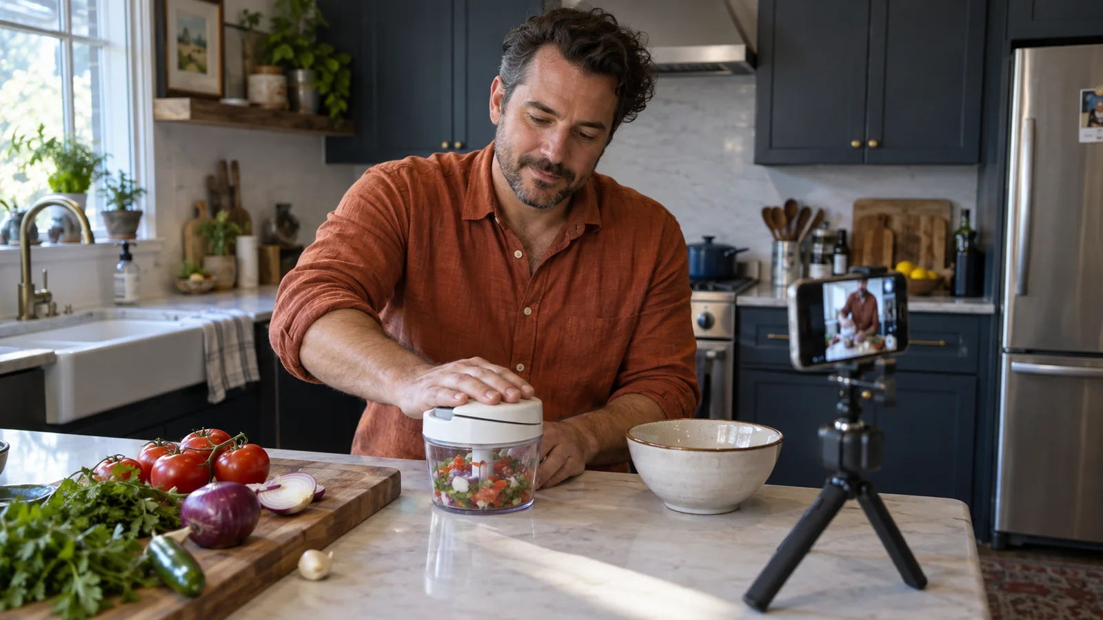 Creator filming a food chopper demonstration in a contemporary home kitchen