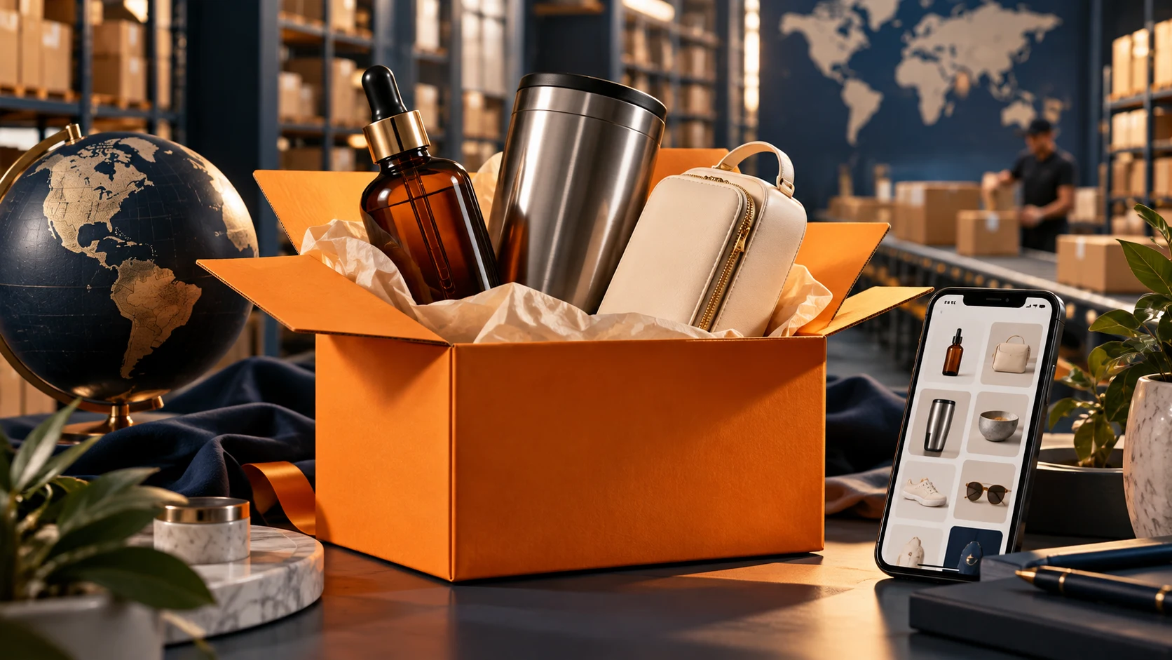 Orange shipping carton with premium consumer products, a globe and a shopping phone in a warehouse