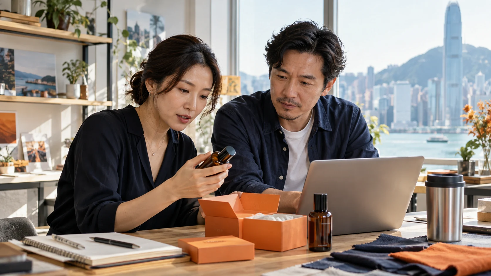 Two merchants reviewing product samples and a laptop in a sunlit Hong Kong studio