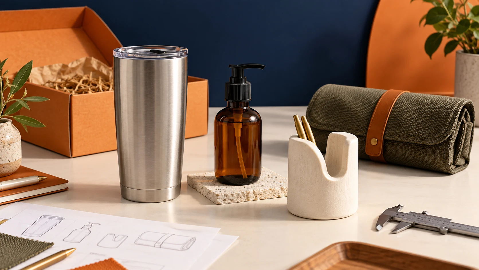 Premium tumbler, skincare bottle, ceramic accessory and travel pouch arranged for product selection