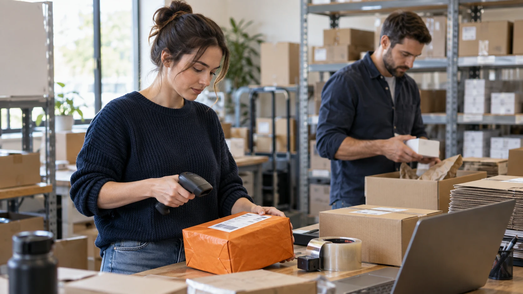 Warehouse operators scanning and packing consumer product orders at a fulfilment bench