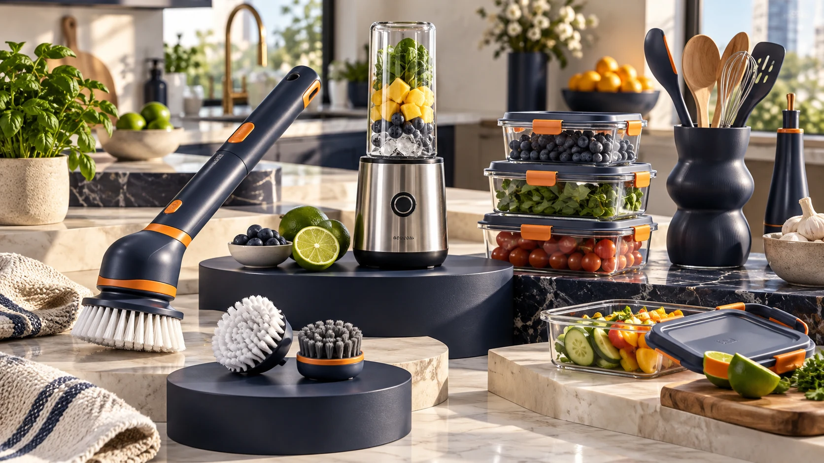 Cordless cleaning brush, compact blender and food containers arranged in a sunlit kitchen