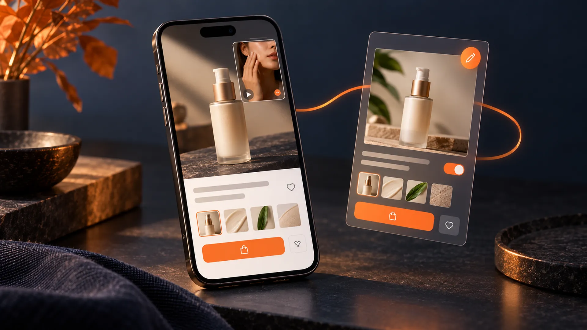 Phone showing a skincare listing linked to an edited product card