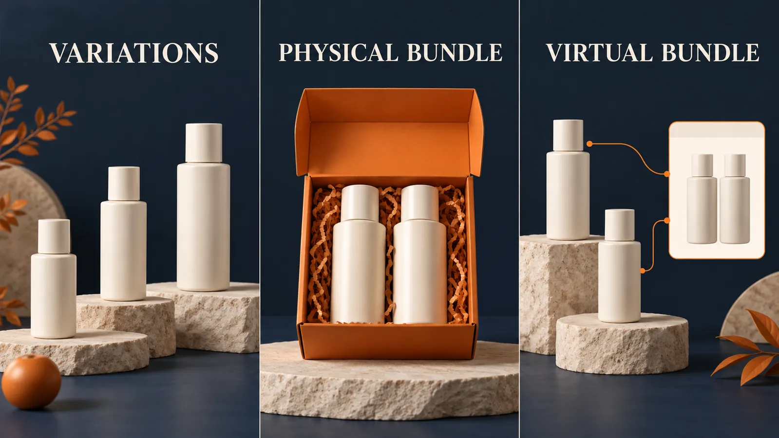 Illustrated comparison of product variations, physical bundles and virtual bundles