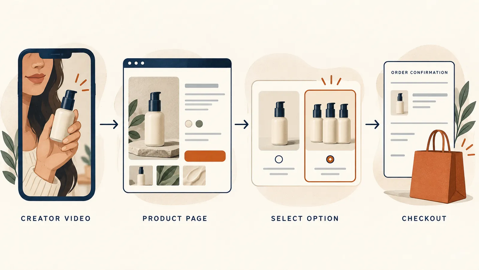 Buyer journey from creator video through product selection to checkout