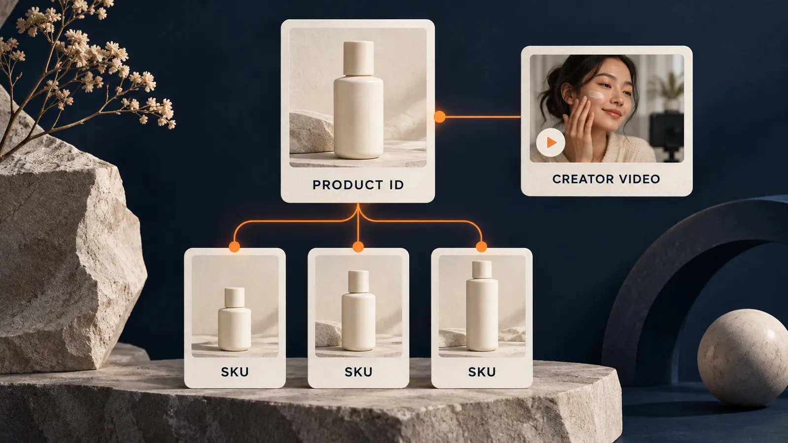 Product ID linked to variation SKUs and a creator video