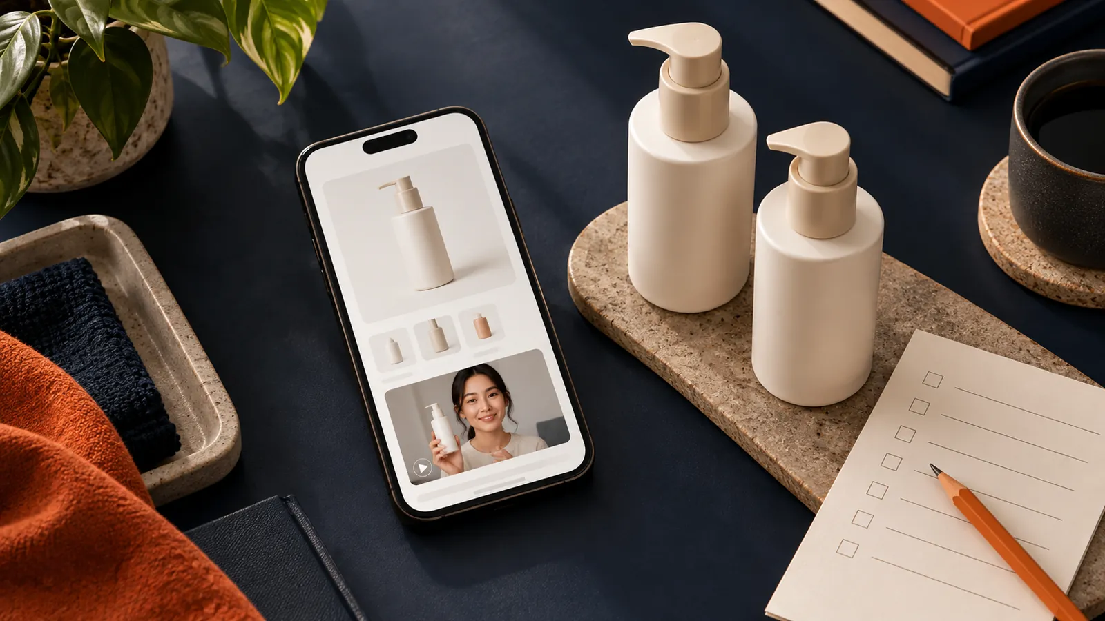 Product listing phone beside sample bottles and a blank review checklist