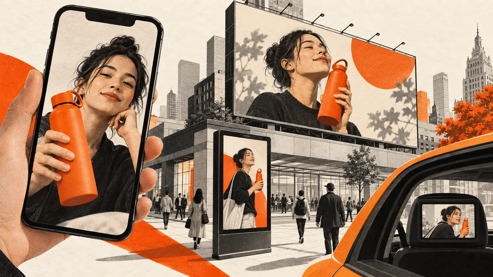 Conceptual illustration of creator content on a phone, billboard, retail screen and taxi screen.