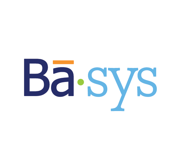 Logo showing the text 'Ba-sys' with 'Ba' in dark blue, a small orange bar above the 'a', a green dot, and 'sys' in light blue.