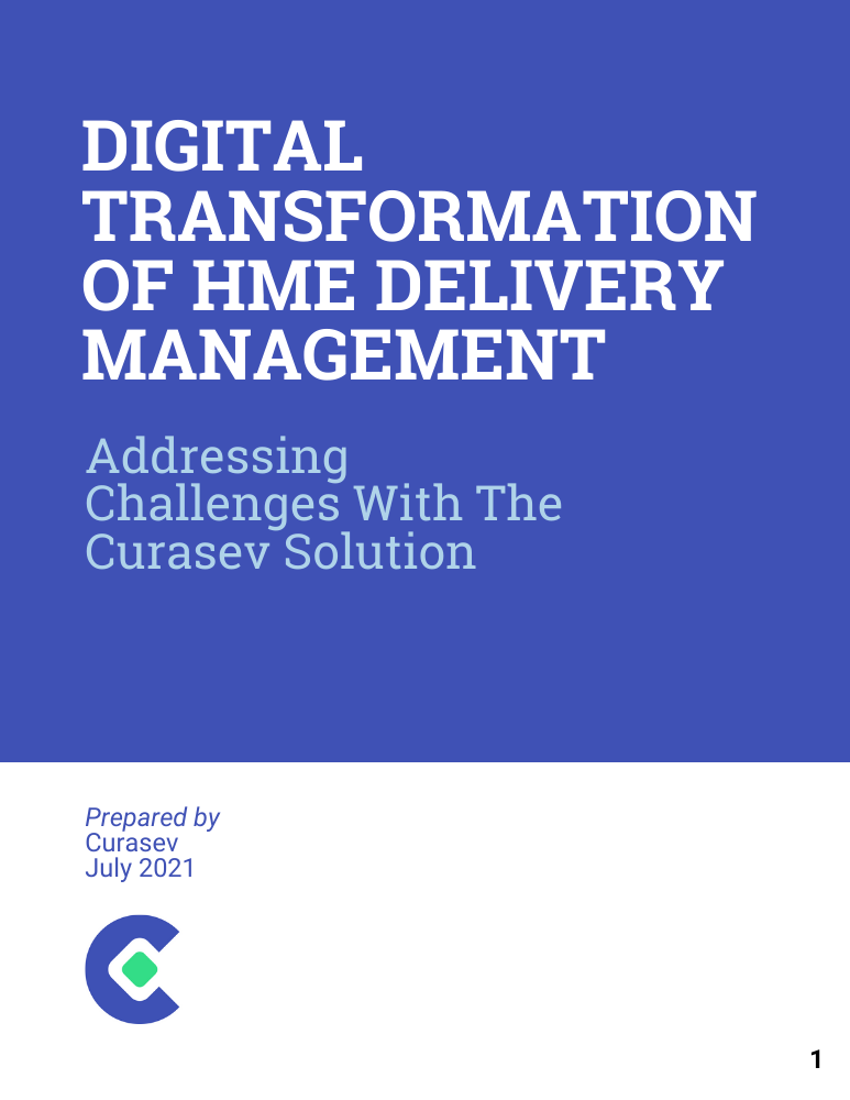 Cover page with title 'Digital Transformation of HME Delivery Management' and subtitle 'Addressing Challenges With The Curasev Solution,' prepared by Curasev July 2021, including Curasev logo.