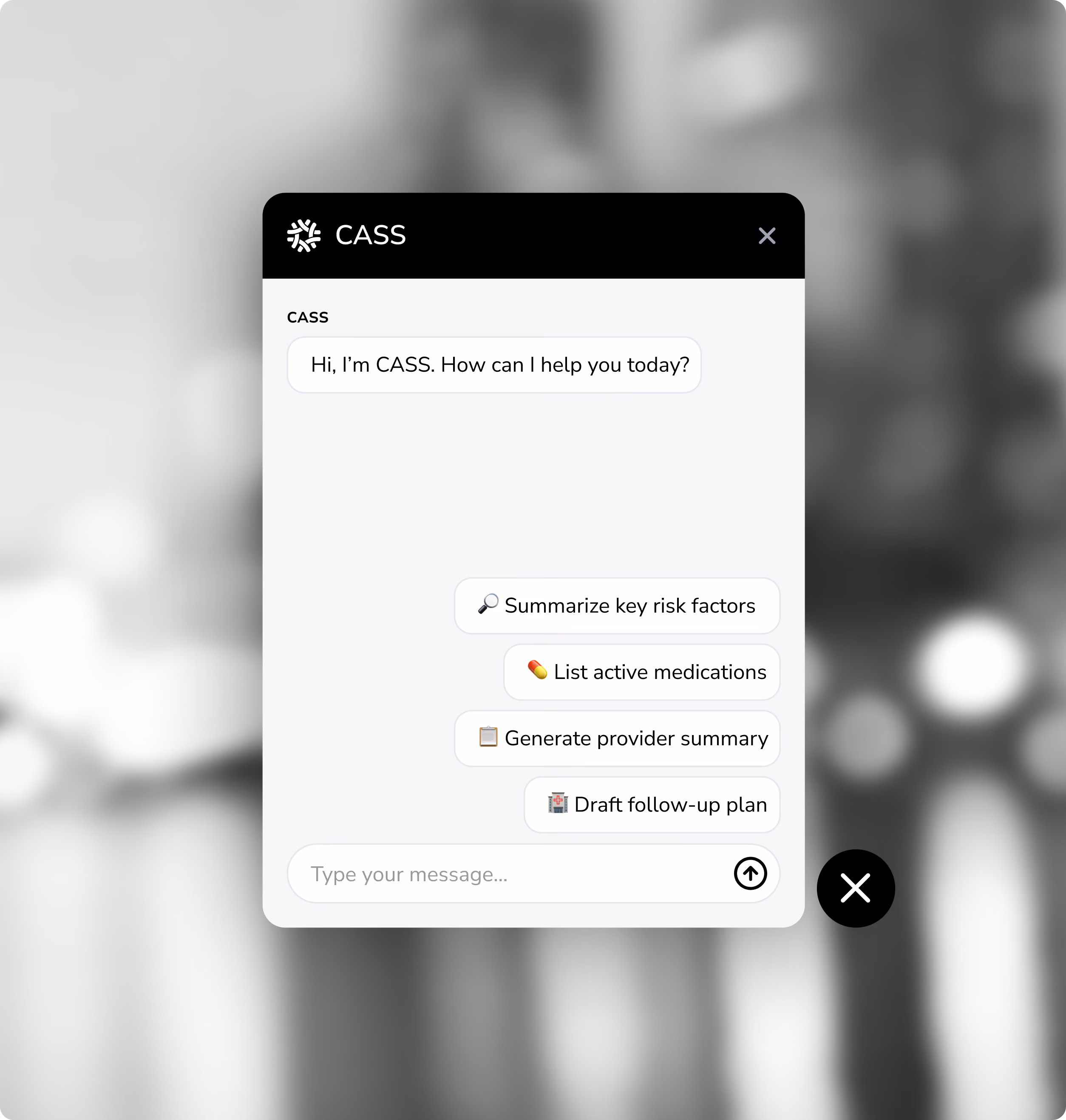 The CASS assistant panel open over an EHR