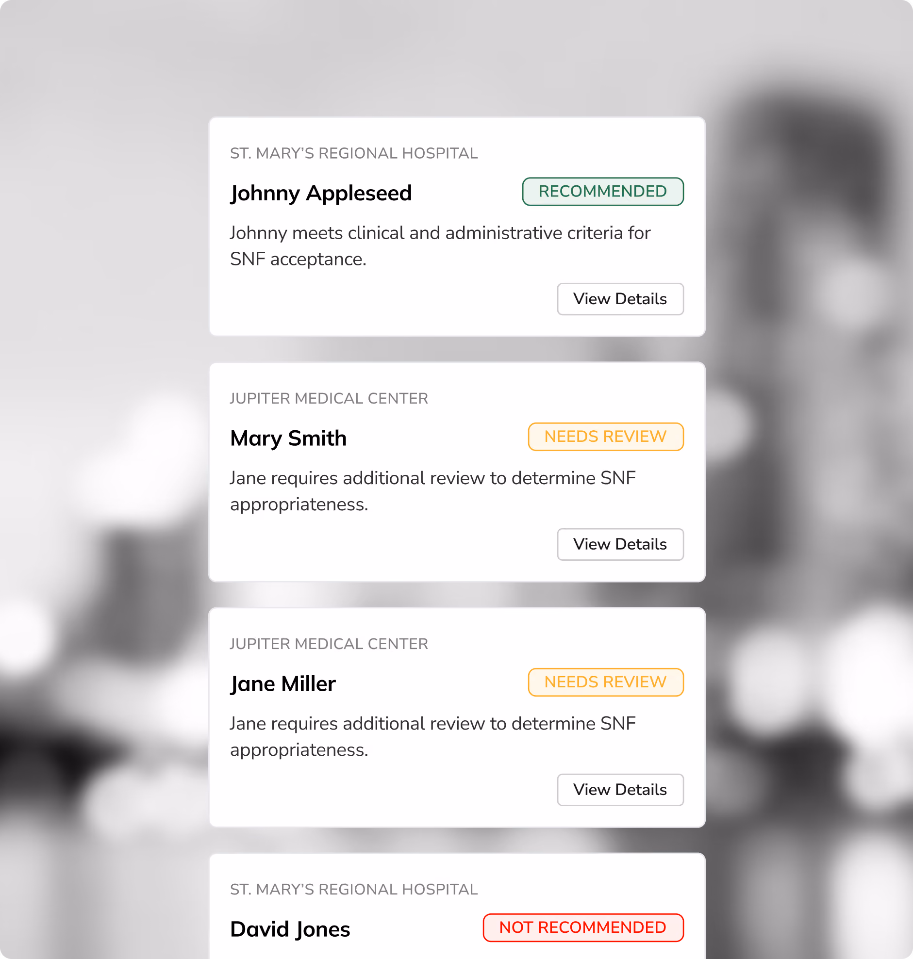 Cascala referral list, each patient tagged recommended or needs review