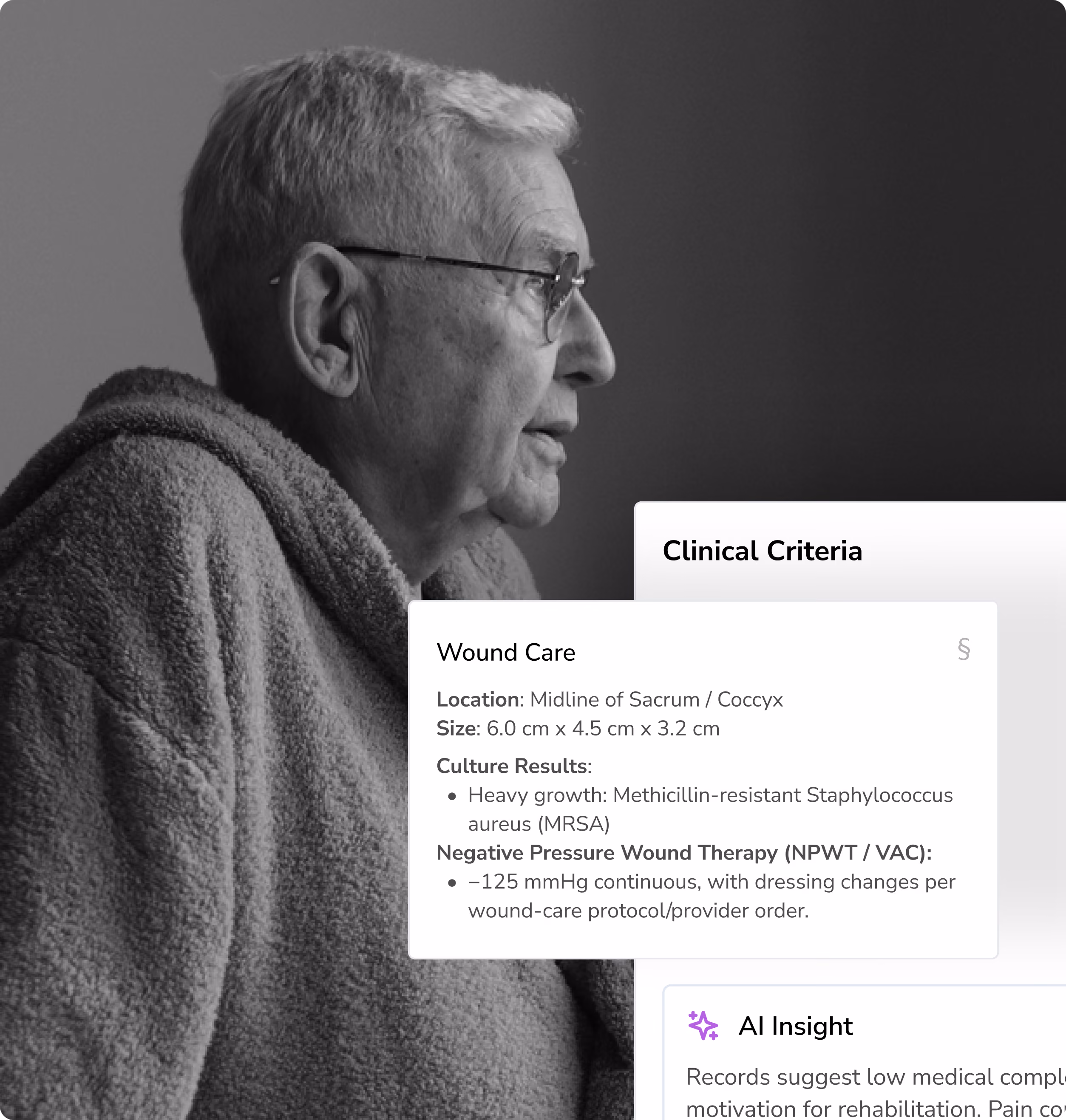 A patient alongside a clinical criteria card detailing wound care