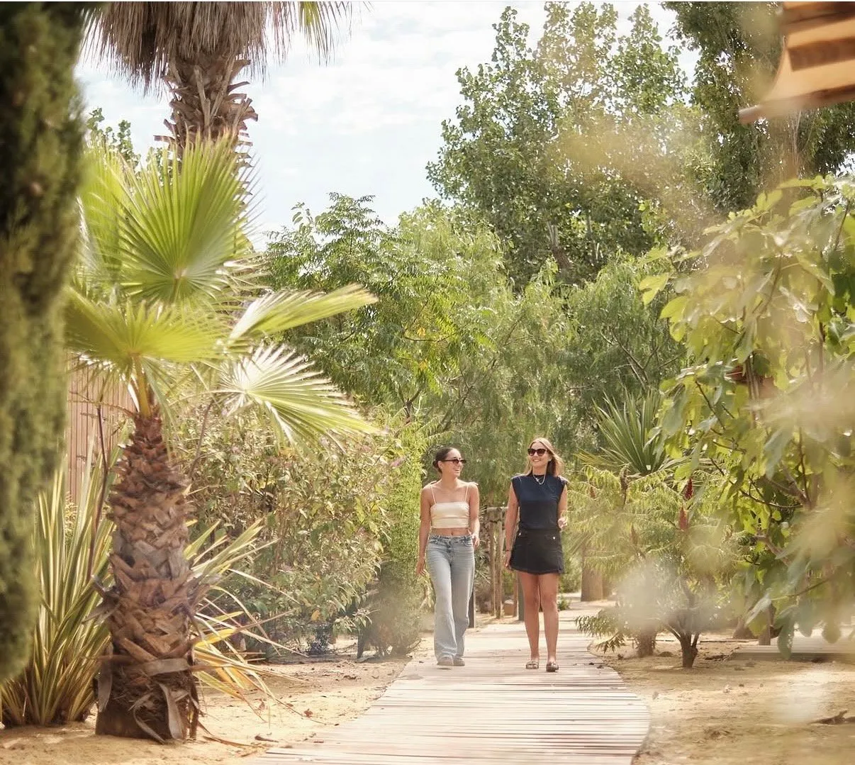 Two women walking on a wooden path surrounded by lush green trees and plants, with a clear sky above, enjoying a sunny day outdoors.