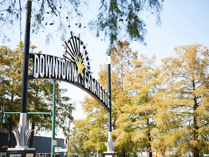 Downtown Lafayette entrance sign on a sunny day.