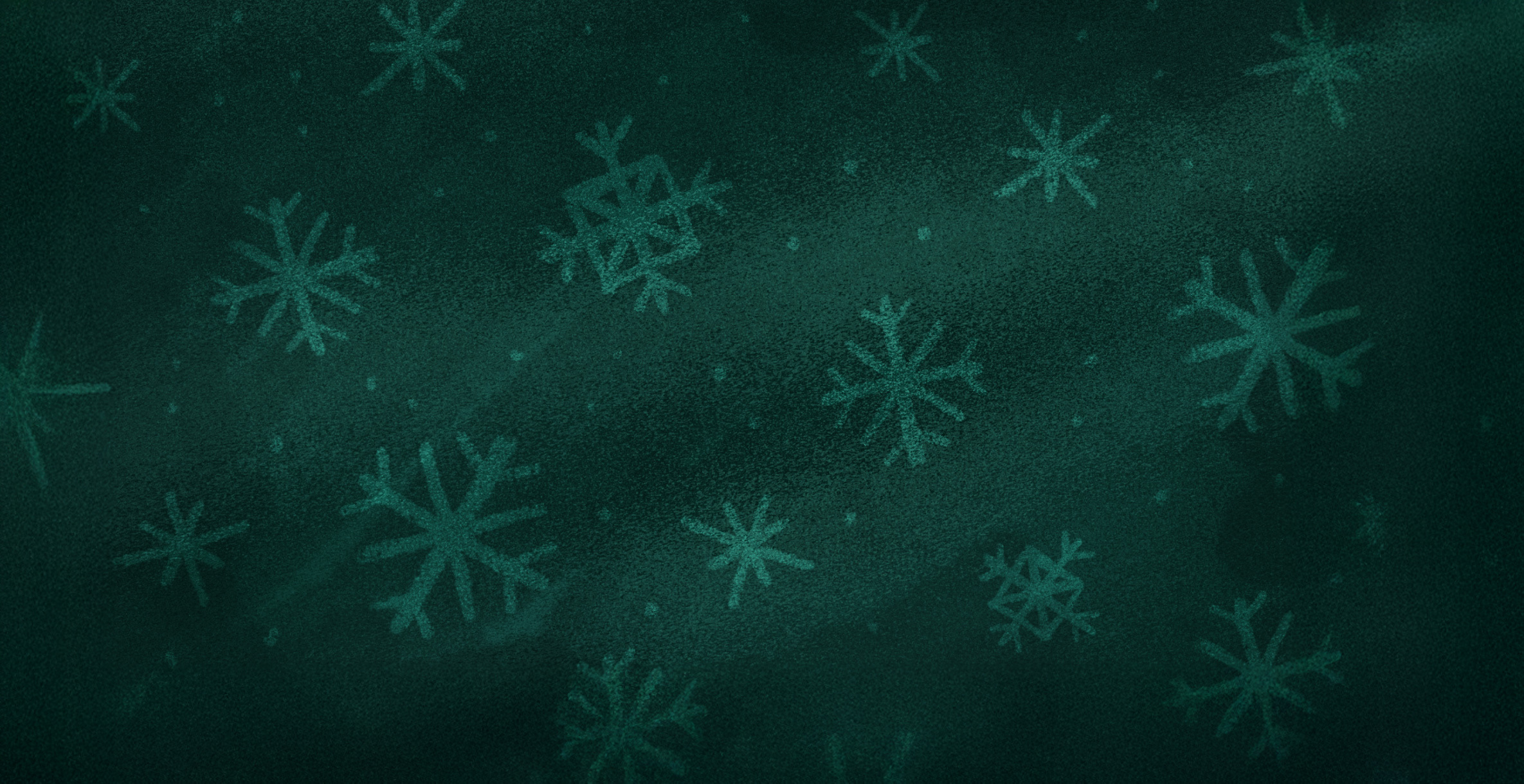Dark green background with a scattered pattern of various stylized lighter green snowflakes.