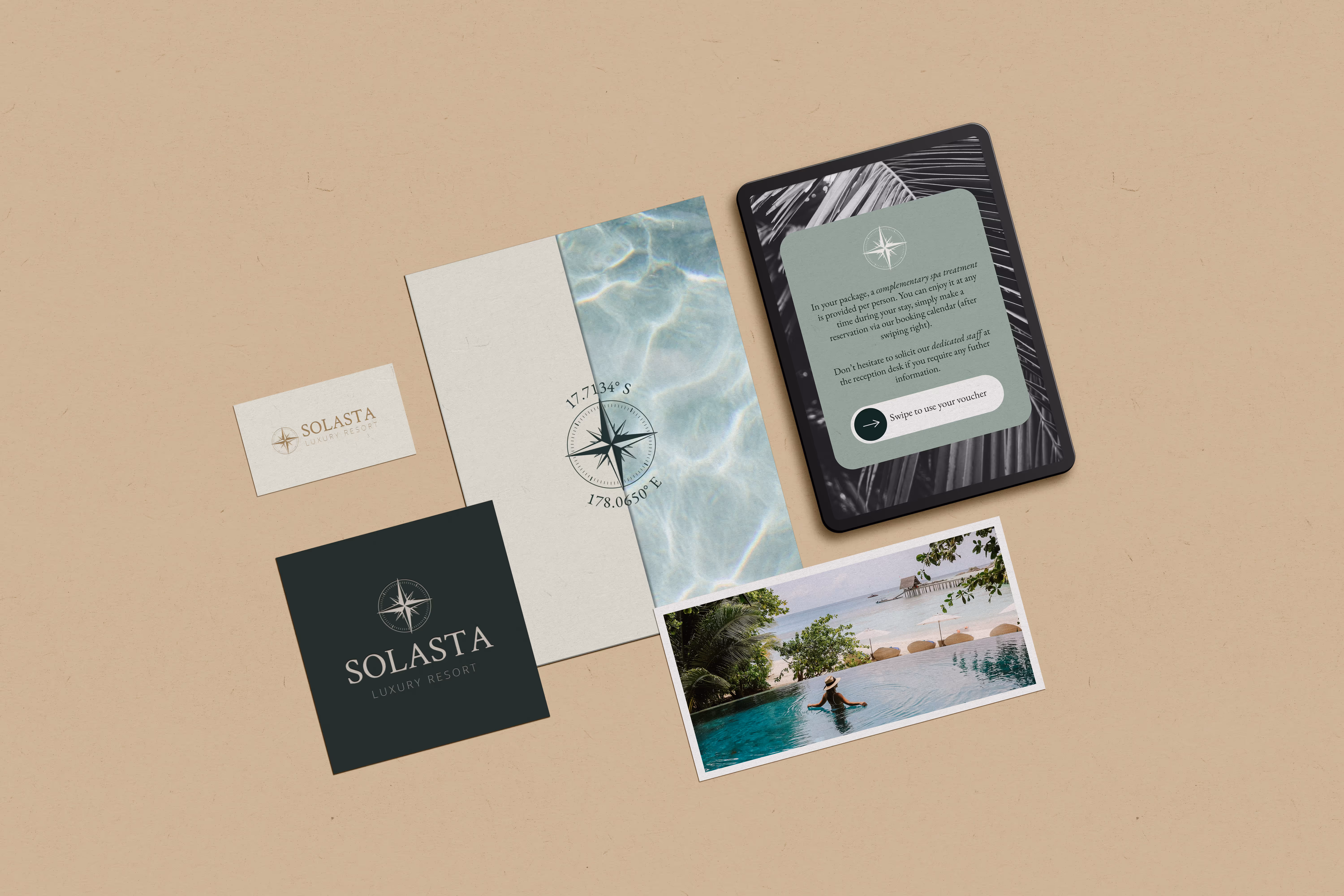 A smartphone, a business card, and a serene beach scene with gentle waves and clear blue skies, all featuring Solasta's branding.