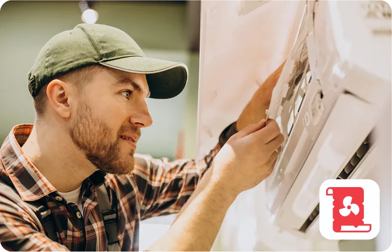 Person in plaid shirt and cap adjusting wall-mounted display or board