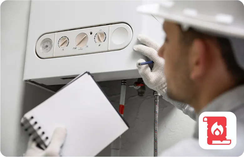 Technician in white gloves checking boiler control panel settings
