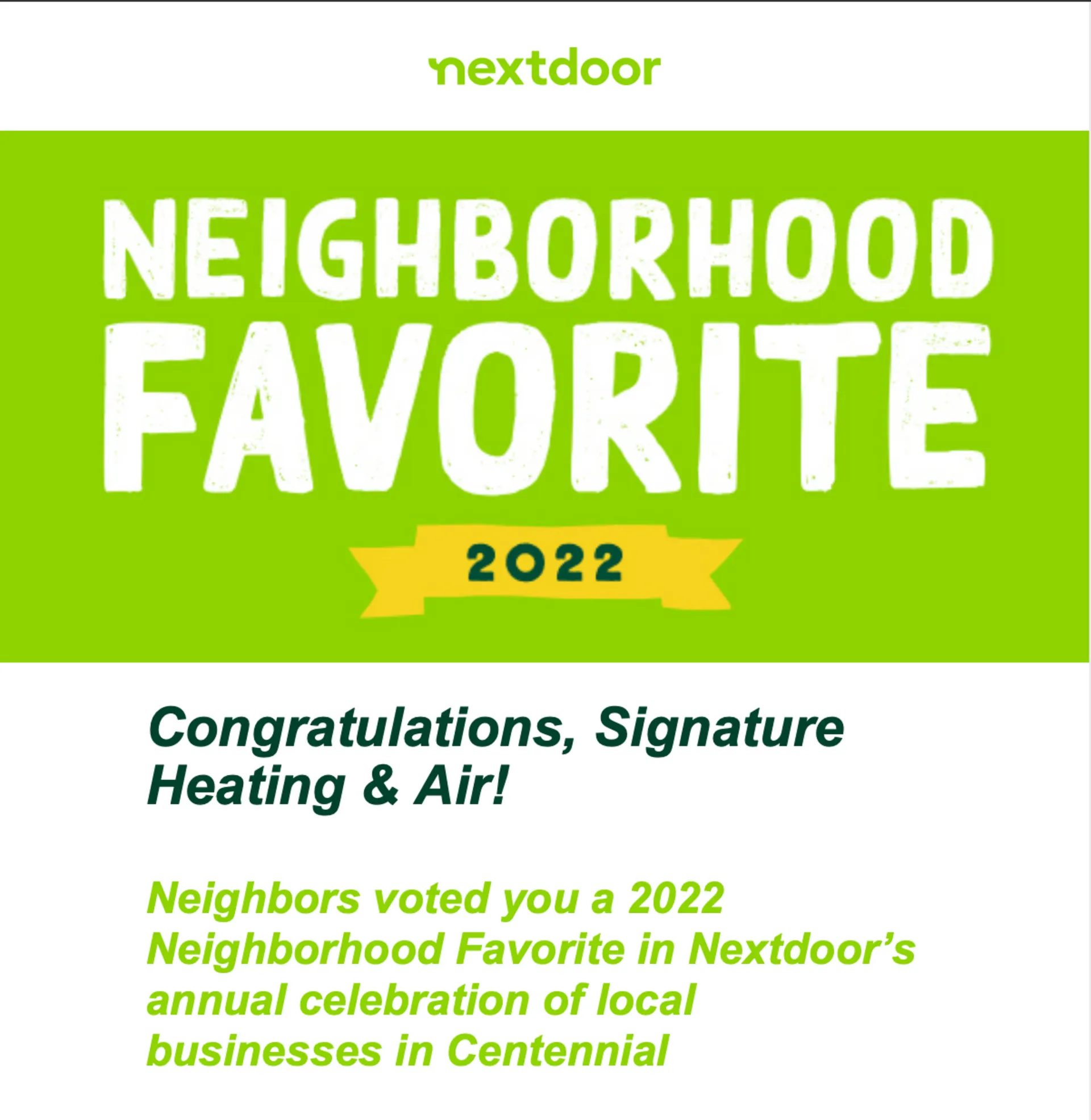 Nextdoor 2022 Neighborhood Favorite award for Signature Heating & Air