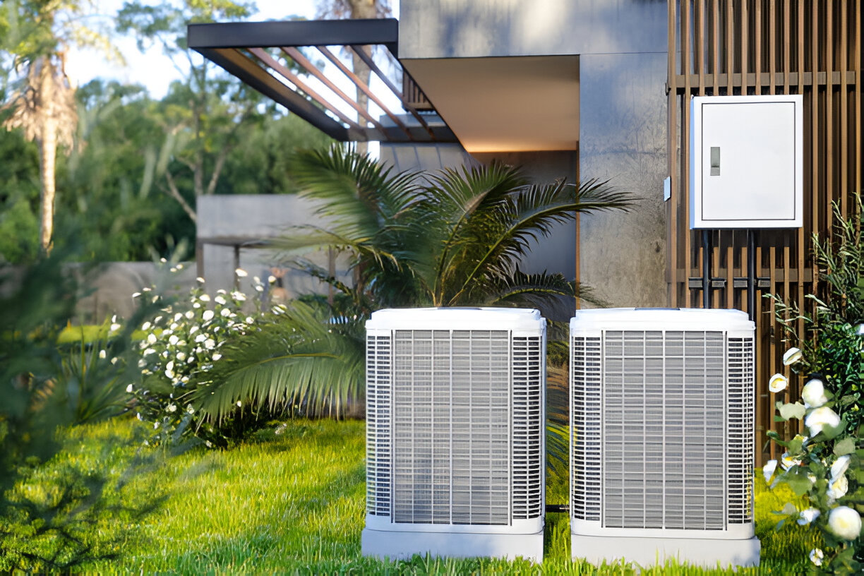 Two air conditioning units outside modern house with palm and flowering plants