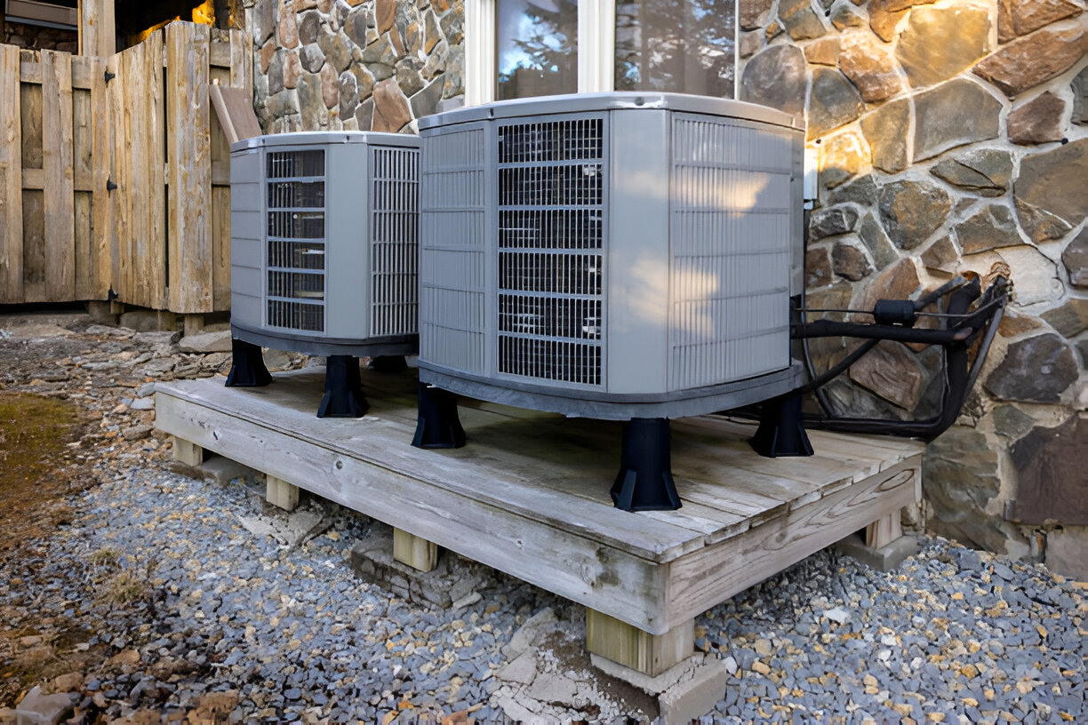 Two gray air conditioning units on wooden platform near stone wall