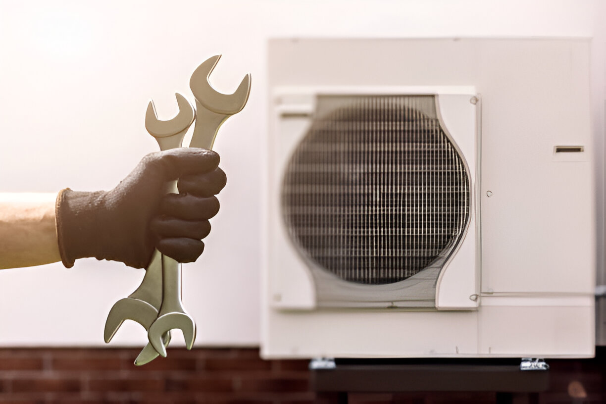 Hand holding wrenches near air conditioning unit ready for repair