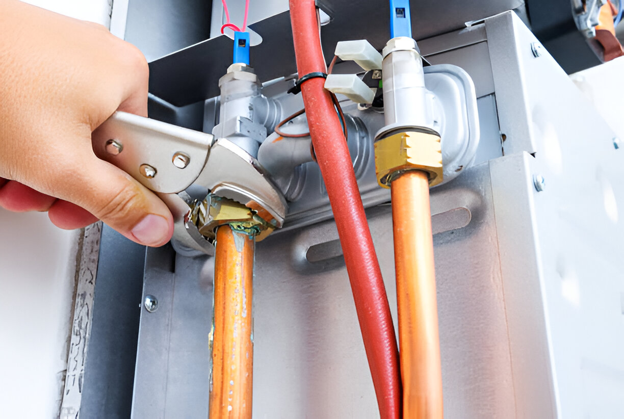 Technician adjusting pipes and valves in an industrial electrical system