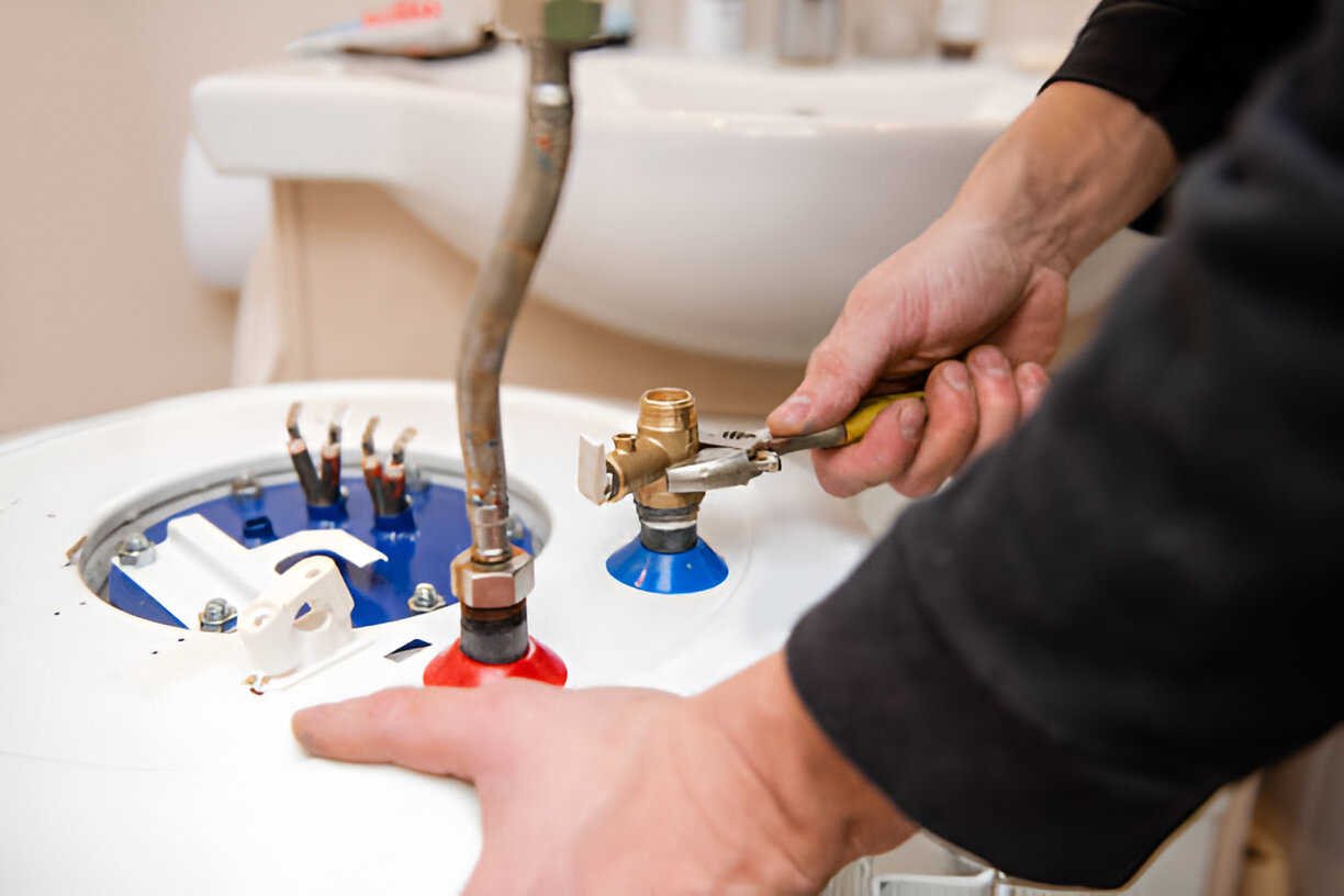 Technician adjusting valves on water heater with colored connection points