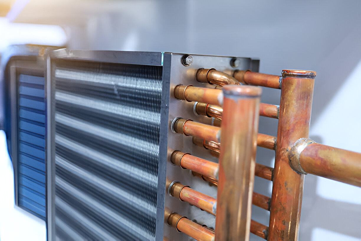 Copper pipes and heat exchanger in industrial cooling system