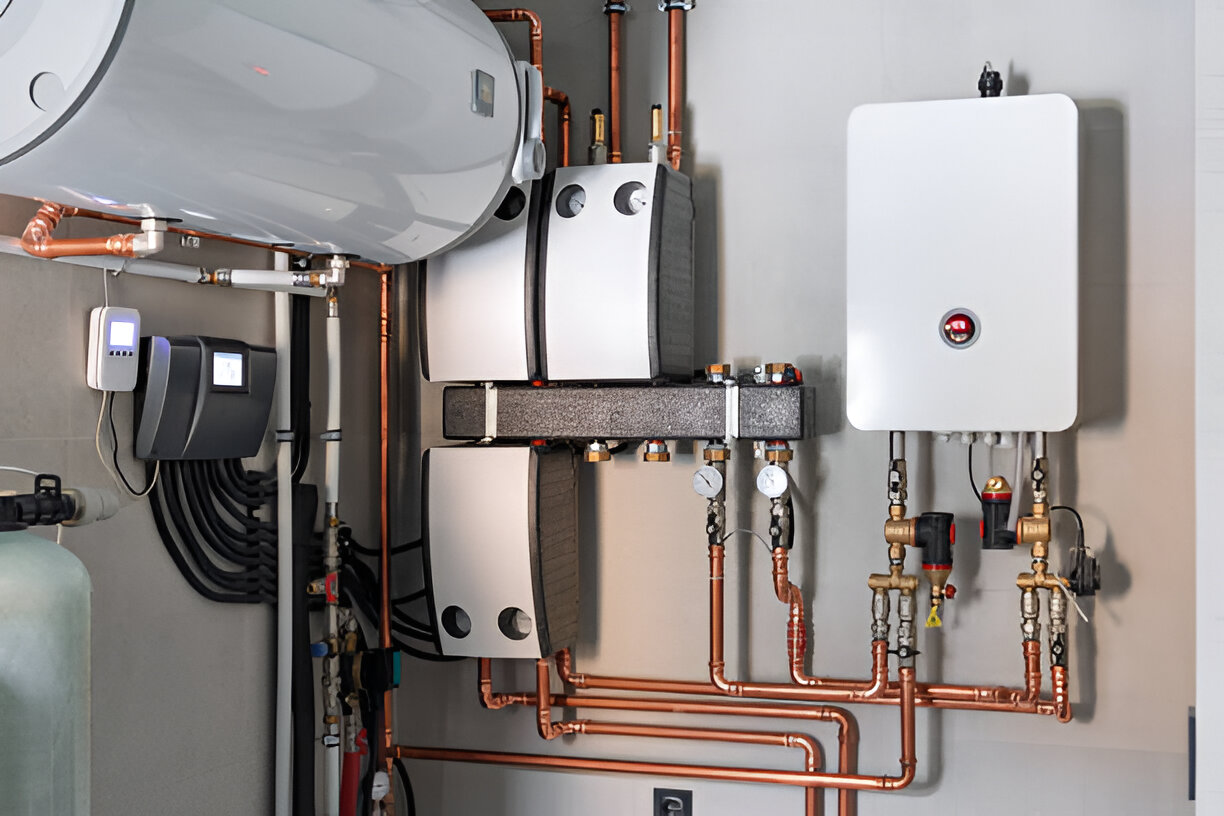 Heating system with copper pipes, boiler, and control panels