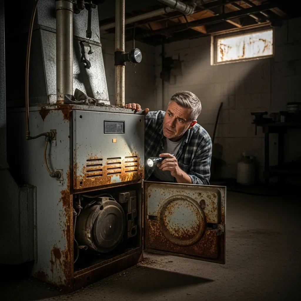 Older furnace with visible wear; homeowner checking for replacement warning signs