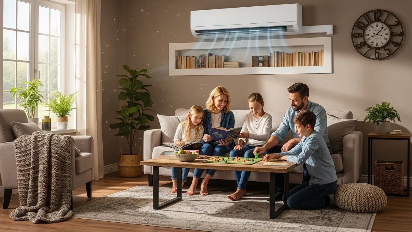 Family enjoying comfort in a well-maintained home with visible HVAC unit