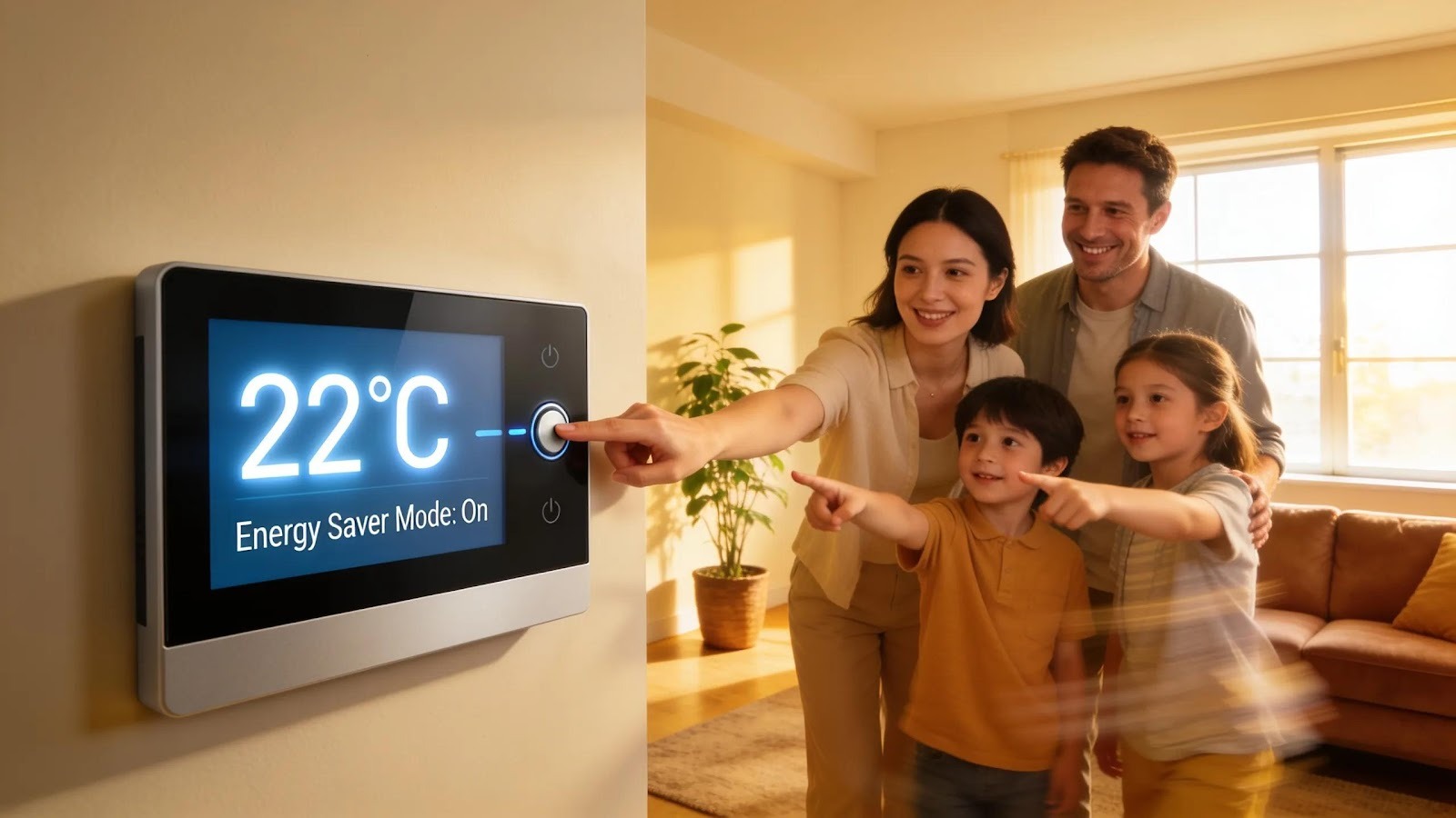 Family engaging with a smart thermostat, showcasing the benefits of technology integration in home cooling systems