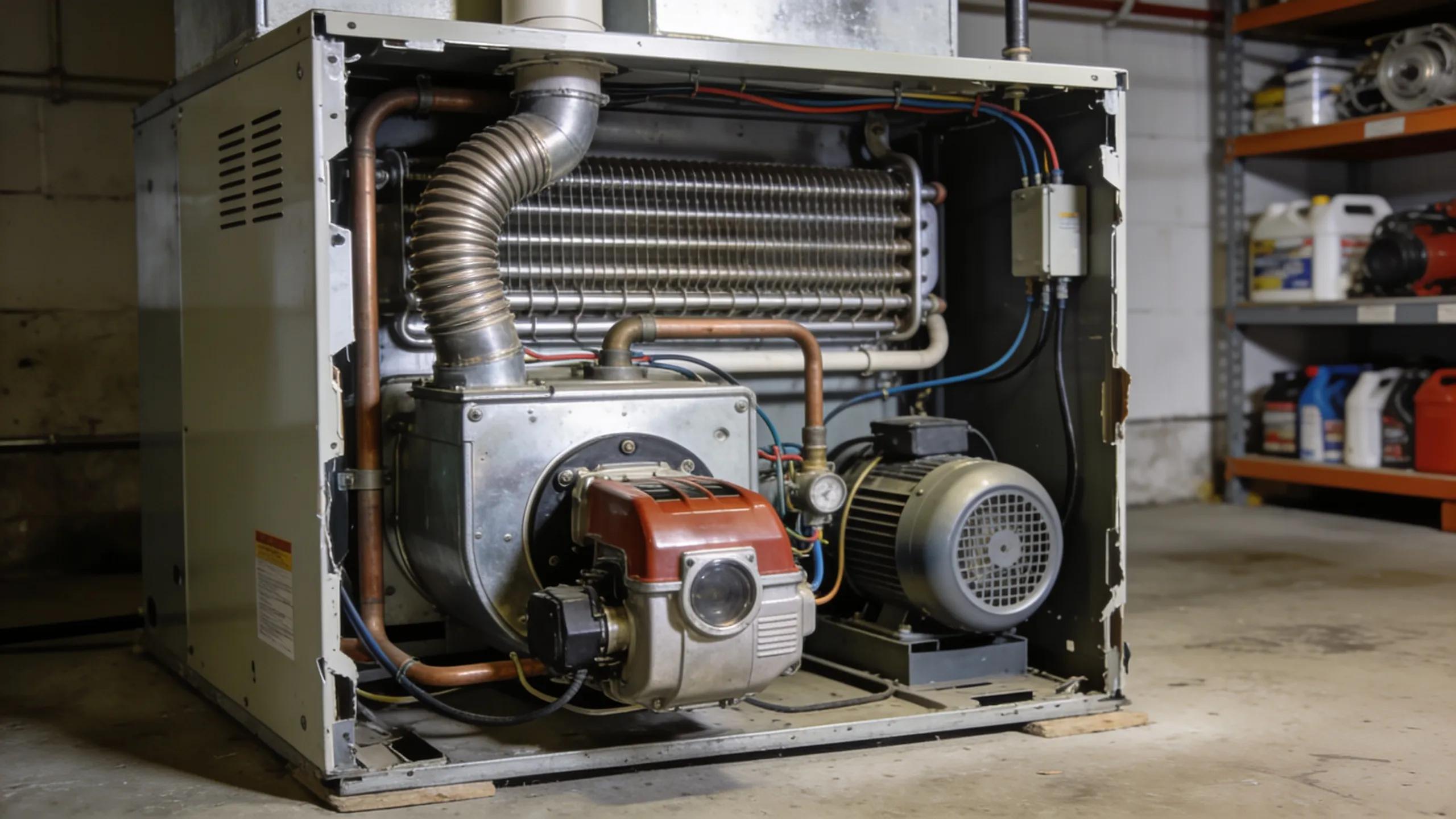 Exposed view of gas furnace components demonstrating their roles in heating