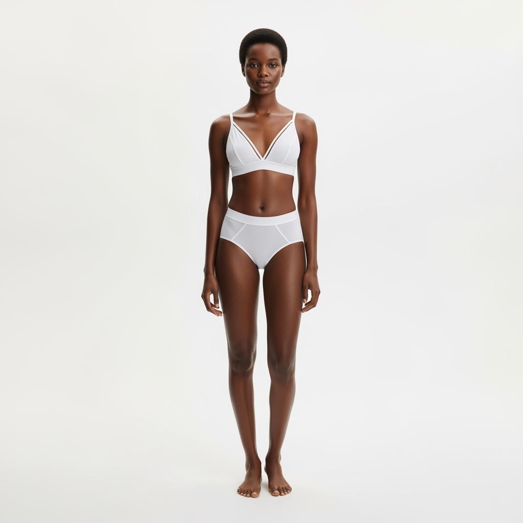 A woman with very short, dark hair, standing barefoot and wearing a white bralette and matching white underwear against a clean white background. She looks directly at the camera with a neutral expression.