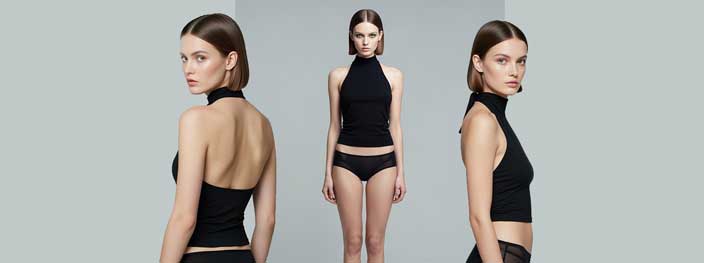 Here's the SEO metadata and titles for the panoramic image:  Alt Text: A triptych showing three different views of a woman with short, sleek dark hair wearing a black high-neck sleeveless top and black sheer-paneled underwear. Thumbnail image