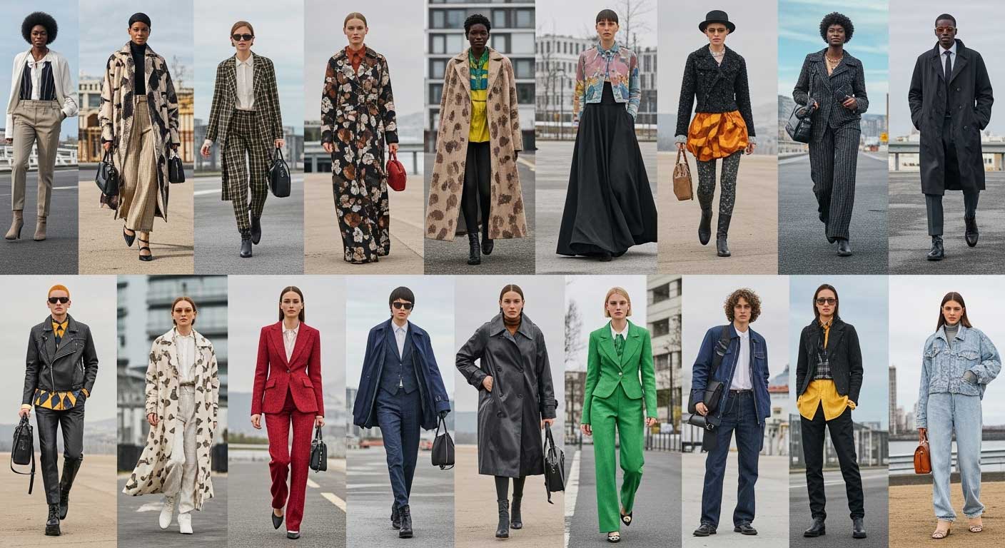 A collection of diverse fashion models wearing stylish streetwear and runway-inspired outfits. The looks feature tailored suits, patterned coats, statement outerwear, bold prints, and layered accessories, highlighting contemporary fashion trends.