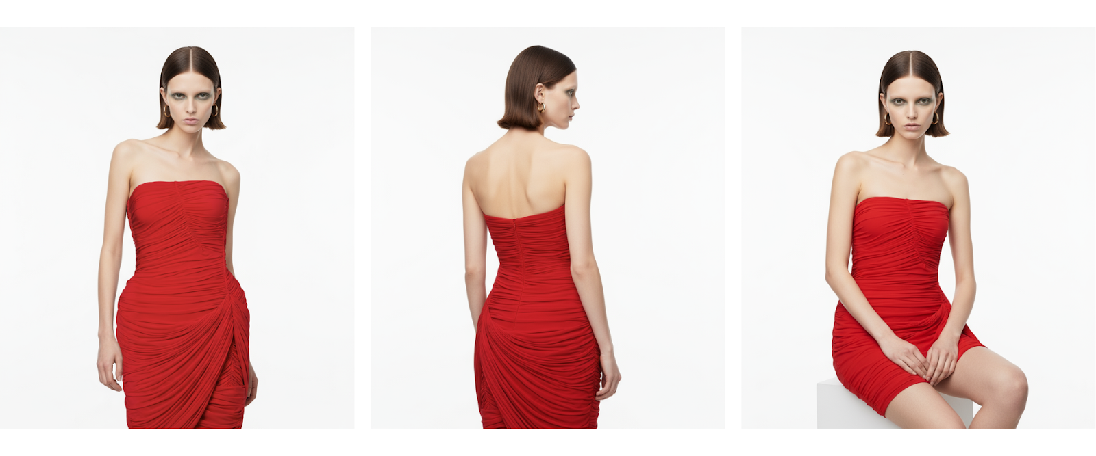 Prompts: Model is wearing a red dress with golden earrings. Model is standing with the back turned to camera. Model is wearing a red dress with golden earrings. Model is seated