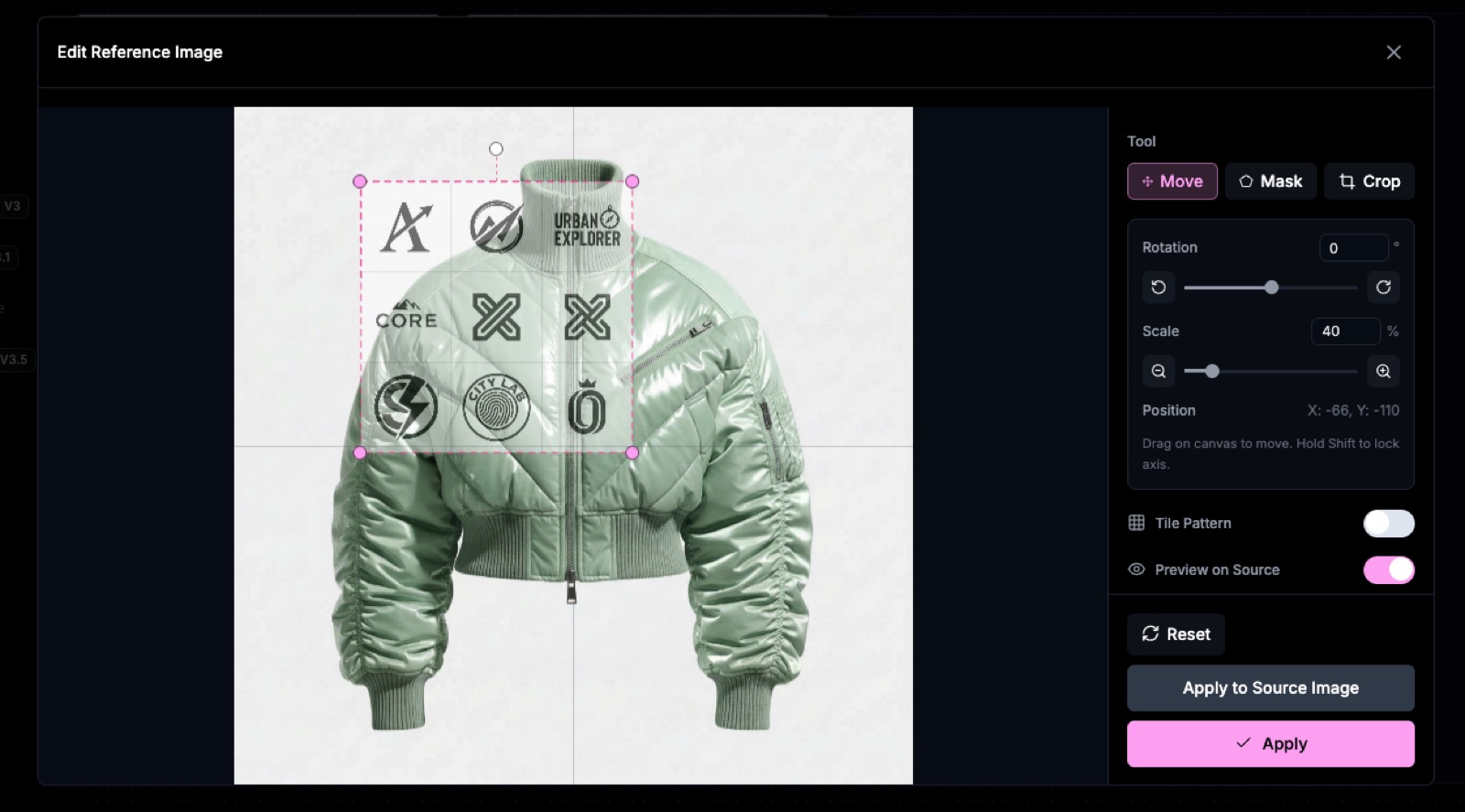 Edit Reference Tool - logo positioned and scaled onto the garment chest area