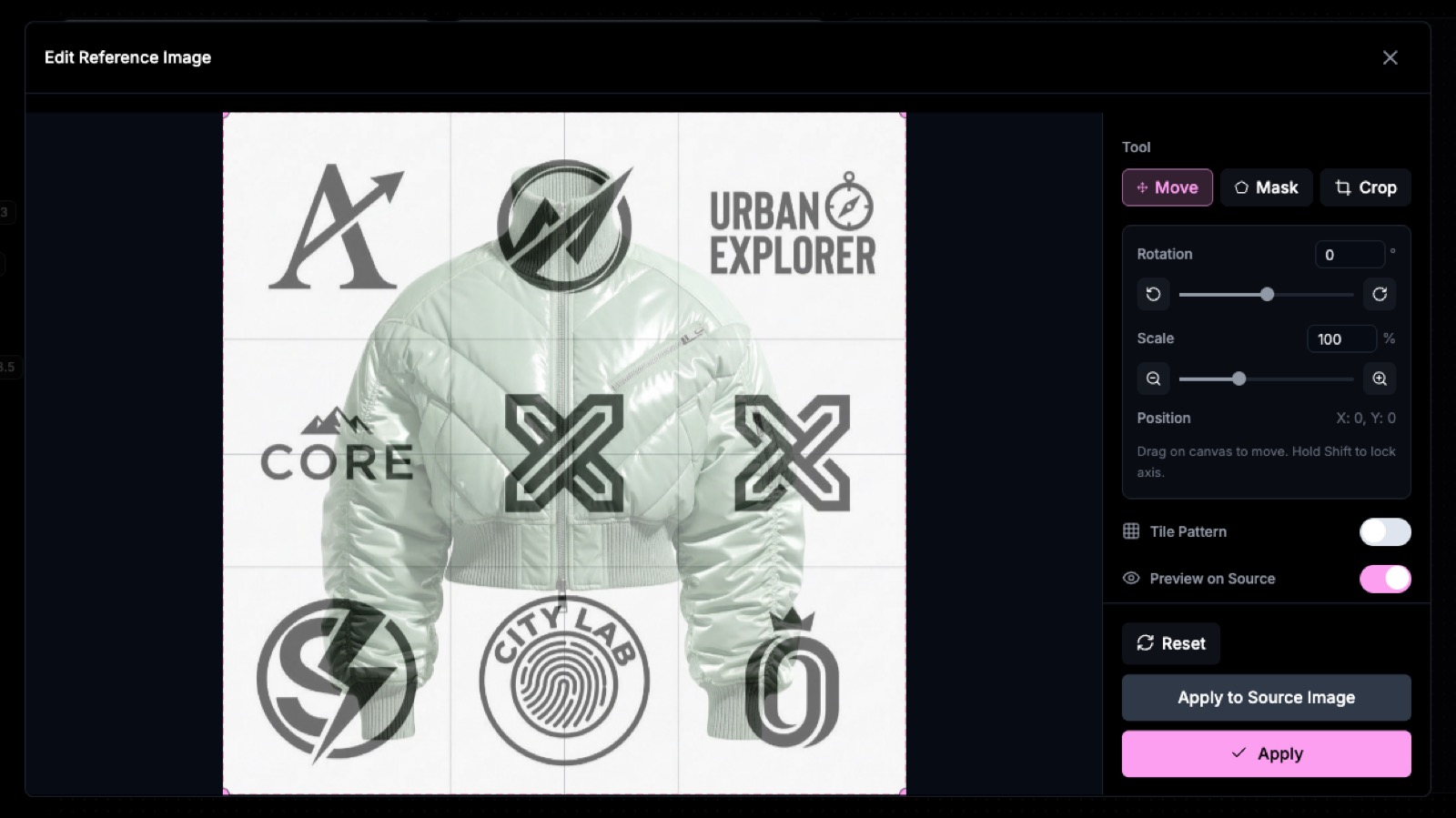 Edit Reference Tool overlay dialog - position, scale, rotate, mask and crop your reference image
