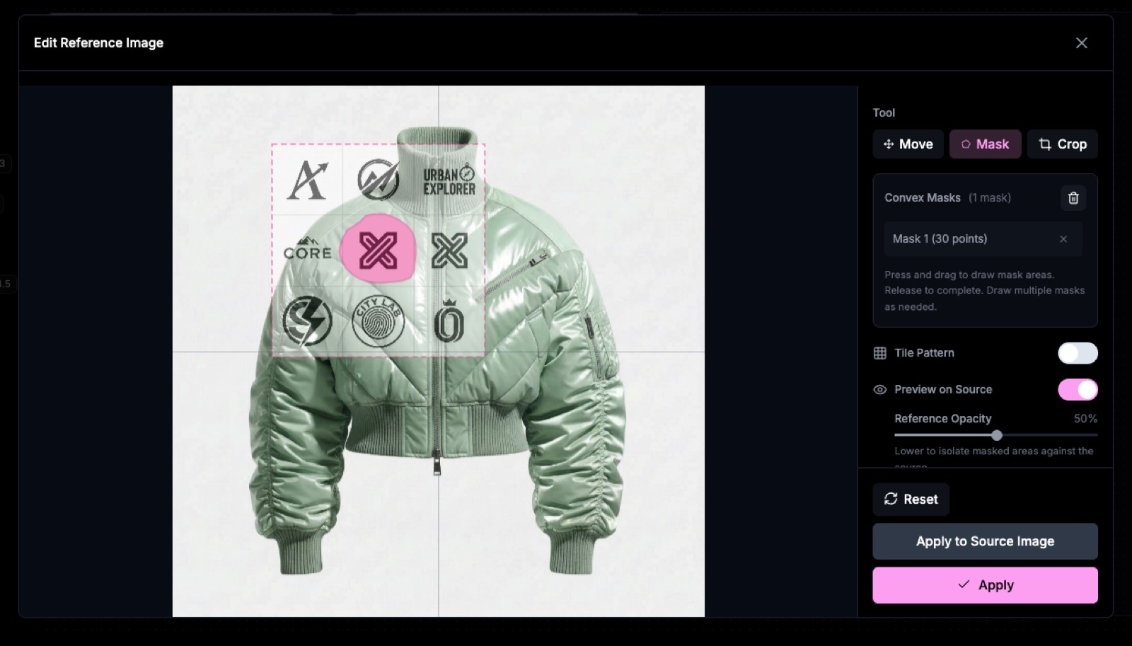 Edit Reference Tool mask settings - masking a logo and adjusting reference opacity